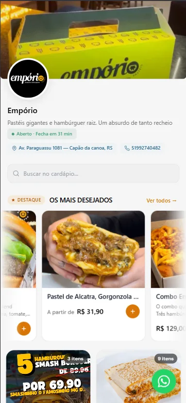 Cardápio digital do Empório no celular — pastéis e hambúrgueres com fotos, preços e botão de adicionar